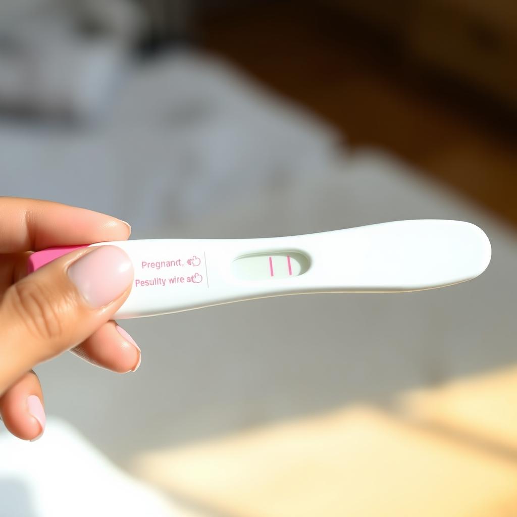 A close-up of a human hand holding a pregnancy test showing two clear pink lines indicating a positive result