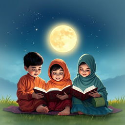 Two boys and two girls reading the Quran under the soft glow of moonlight on a serene night
