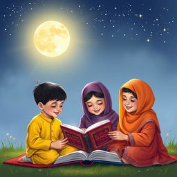 Two boys and two girls reading the Quran under the soft glow of moonlight on a serene night