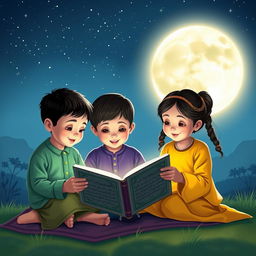 Two boys and two girls reading the Quran under the soft glow of moonlight on a serene night