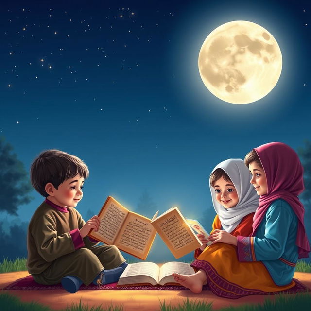 Two boys and two girls reading the Quran under the soft glow of moonlight on a serene night