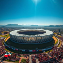 A stunning aerial view of the iconic Azadi Stadium, commonly known as Perspolis Stadium, surrounded by vibrant green landscapes and a clear blue sky