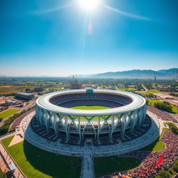 A stunning aerial view of the iconic Azadi Stadium, commonly known as Perspolis Stadium, surrounded by vibrant green landscapes and a clear blue sky