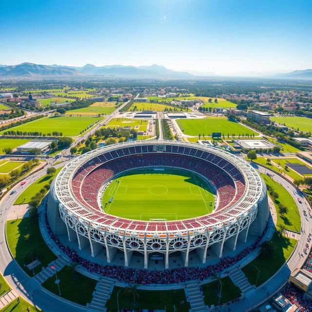 A stunning aerial view of the iconic Azadi Stadium, commonly known as Perspolis Stadium, surrounded by vibrant green landscapes and a clear blue sky