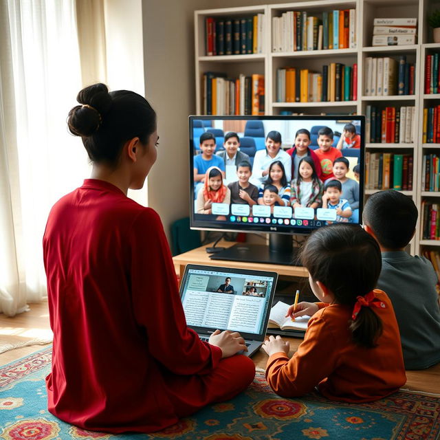 A teacher guiding students online through a laptop as they learn the Quran