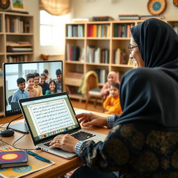 A teacher guiding students online through a laptop as they learn the Quran