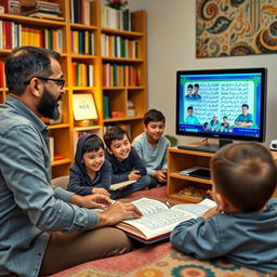 A teacher guiding students online through a laptop as they learn the Quran