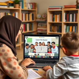 A teacher guiding students online through a laptop as they learn the Quran