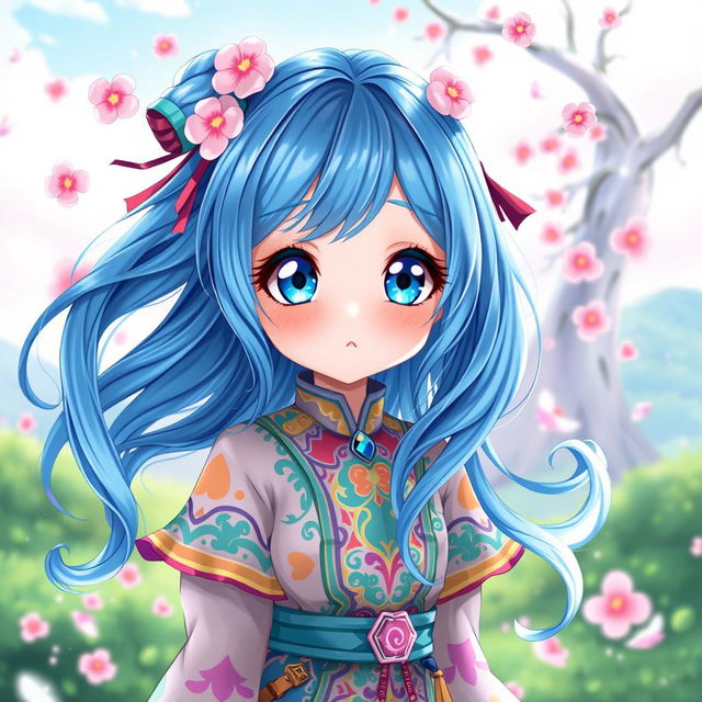 Digital art of a blue-haired anime girl with large expressive eyes, wearing a vibrant, intricate outfit adorned with colorful patterns