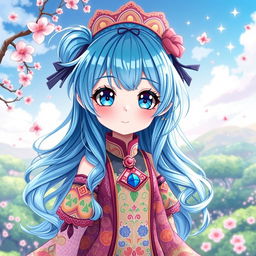 Digital art of a blue-haired anime girl with large expressive eyes, wearing a vibrant, intricate outfit adorned with colorful patterns