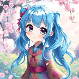 Digital art of a blue-haired anime girl with large expressive eyes, wearing a vibrant, intricate outfit adorned with colorful patterns