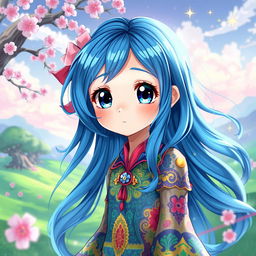 Digital art of a blue-haired anime girl with large expressive eyes, wearing a vibrant, intricate outfit adorned with colorful patterns
