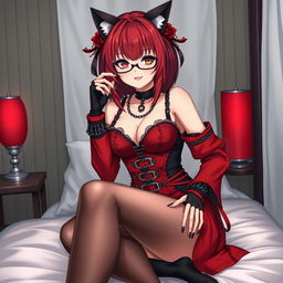 A sexy gothic anime girl, Kitsune, with shoulder-length red hair, exuding charm as she sits on a bed