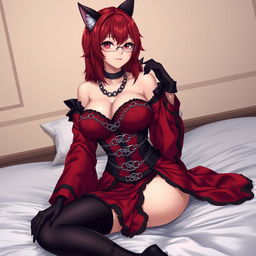 A sexy gothic anime girl, Kitsune, with shoulder-length red hair, exuding charm as she sits on a bed