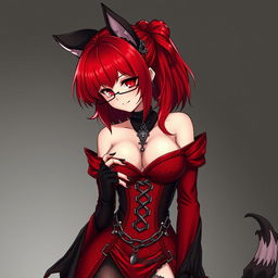 A sexy gothic anime girl, Kitsune, featuring shoulder-length red hair and a subtle but seductive smile