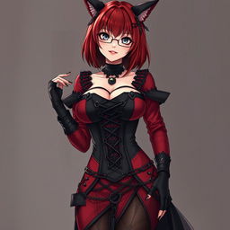 A sexy gothic anime girl, Kitsune, featuring shoulder-length red hair and a subtle but seductive smile