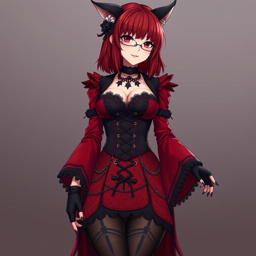 A sexy gothic anime girl, Kitsune, featuring shoulder-length red hair and a subtle but seductive smile