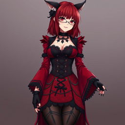 A sexy gothic anime girl, Kitsune, featuring shoulder-length red hair and a subtle but seductive smile