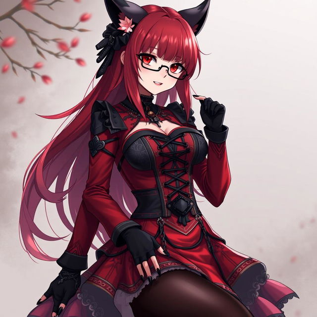 A sexy gothic anime girl, Kitsune, featuring shoulder-length red hair and a subtle but seductive smile