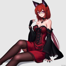 A sexy gothic anime girl, Kitsune, featuring shoulder-length red hair, adorned with a stylish choker