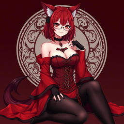 A sexy gothic anime girl, Kitsune, featuring shoulder-length red hair, adorned with a stylish choker