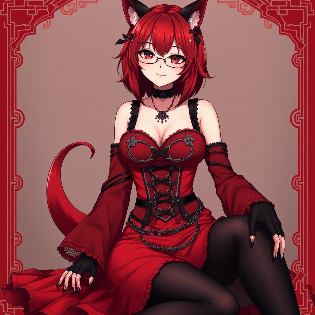 A sexy gothic anime girl, Kitsune, featuring shoulder-length red hair, adorned with a stylish choker