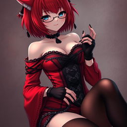 A sexy gothic anime girl, Kitsune, with shoulder-length red hair, wearing a captivating red and black eastern Asia-style dress that features a multitude of chains