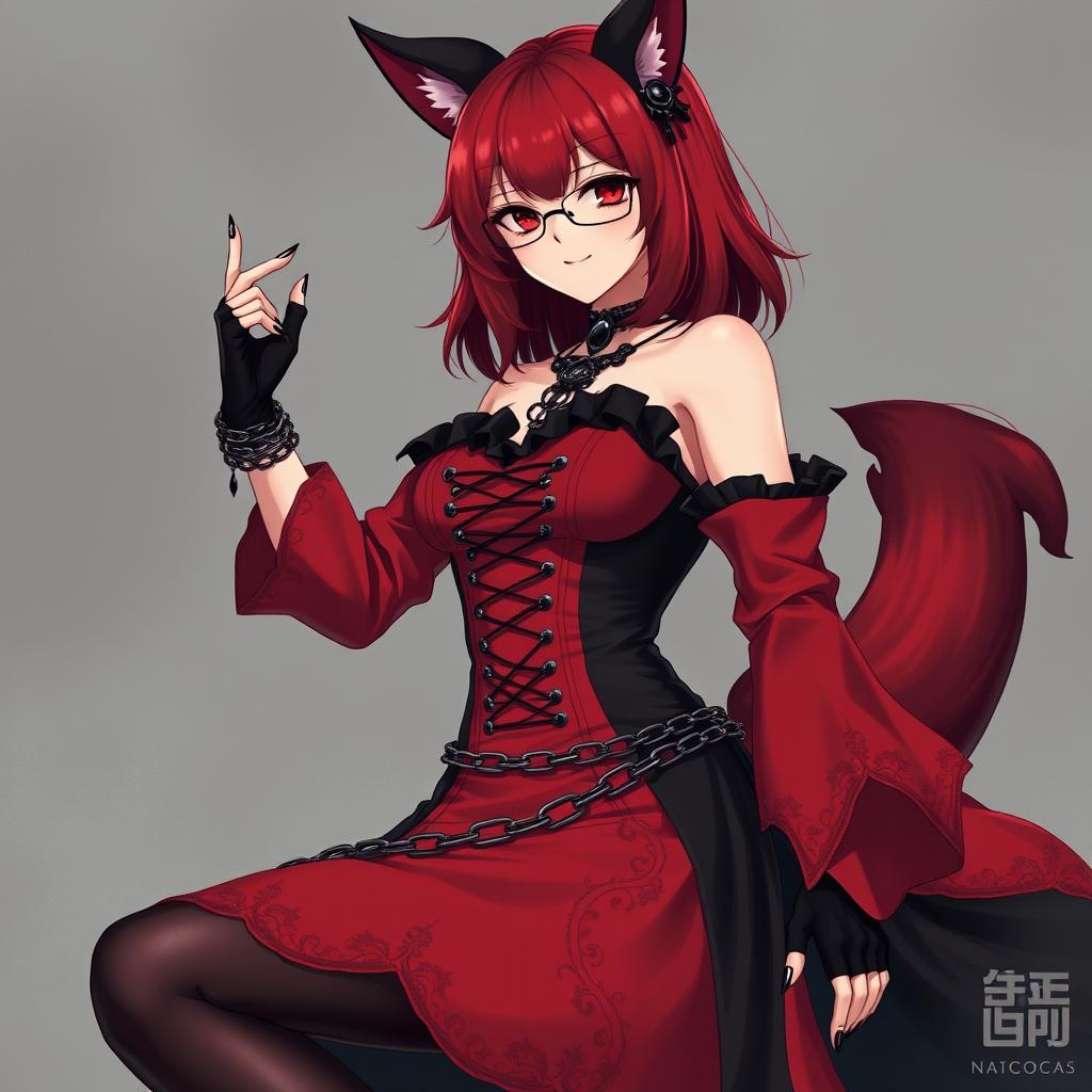 A sexy gothic anime girl, Kitsune, with shoulder-length red hair, wearing a captivating red and black eastern Asia-style dress that features a multitude of chains