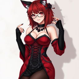 A sexy gothic anime girl, Kitsune, with shoulder-length red hair, wearing a captivating red and black eastern Asia-style dress that features a multitude of chains