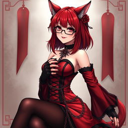 A sexy gothic anime girl, Kitsune, with shoulder-length red hair, wearing a captivating red and black eastern Asia-style dress that features a multitude of chains