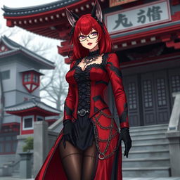 A sexy gothic anime girl, Kitsune, with striking shoulder-length red hair, situated outside a traditional Japanese temple