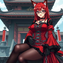 A sexy gothic anime girl, Kitsune, with striking shoulder-length red hair, situated outside a traditional Japanese temple