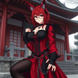 A sexy gothic anime girl, Kitsune, with striking shoulder-length red hair, situated outside a traditional Japanese temple