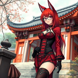 A sexy gothic anime girl, Kitsune, with striking shoulder-length red hair, situated outside a traditional Japanese temple