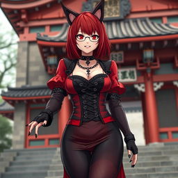 A sexy gothic anime girl, Kitsune, with striking shoulder-length red hair, standing outside a traditional Japanese temple