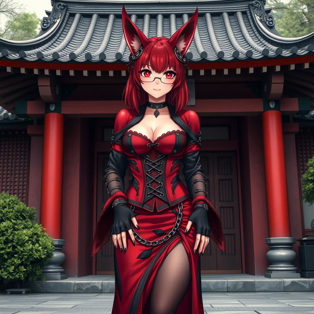 A sexy gothic anime girl, Kitsune, with striking shoulder-length red hair, standing outside a traditional Japanese temple