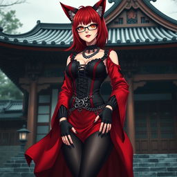 A sexy gothic anime girl, Kitsune, with striking shoulder-length red hair, standing outside a traditional Japanese temple