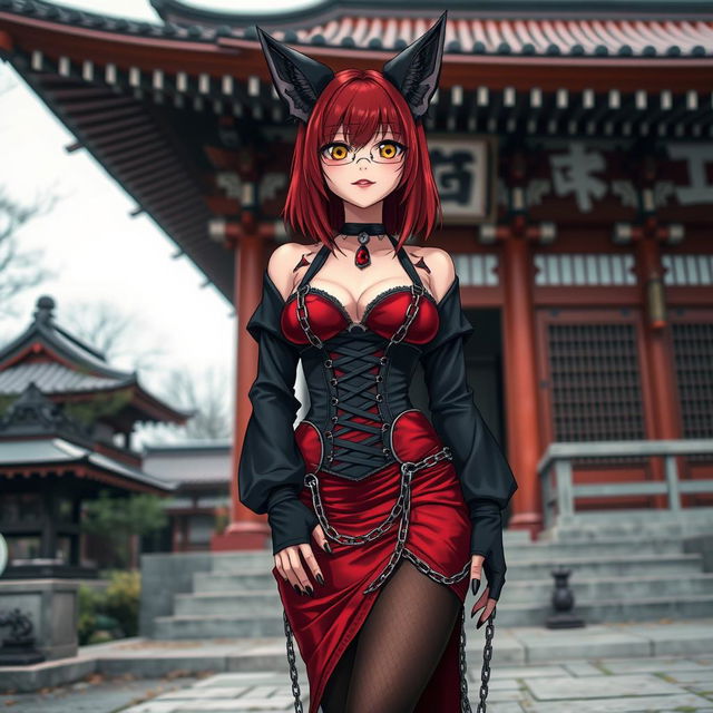 A sexy gothic anime girl, Kitsune, with shoulder-length red hair, standing outside a traditional Japanese temple