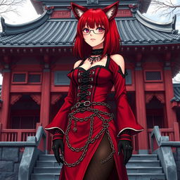 A sexy gothic anime girl, Kitsune, with shoulder-length red hair, standing outside a traditional Japanese temple