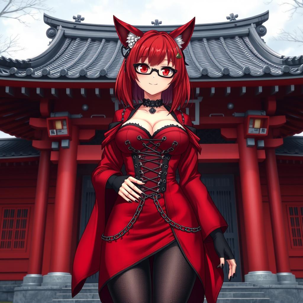 A sexy gothic anime girl, Kitsune, with shoulder-length red hair, standing outside a traditional Japanese temple