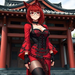 A sexy gothic anime girl, Kitsune, with shoulder-length red hair, standing outside a traditional Japanese temple