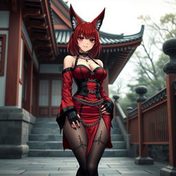 A sexy gothic anime girl, Kitsune, with shoulder-length red hair, standing outside a traditional Japanese temple