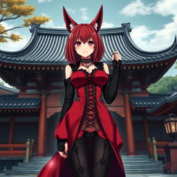 A sexy gothic anime girl, Kitsune, with shoulder-length red hair, standing outside a traditional Japanese temple