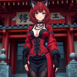 A sexy gothic anime girl, Kitsune, with shoulder-length red hair, standing outside a traditional Japanese temple