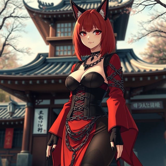 A sexy gothic anime girl, Kitsune, with shoulder-length red hair, standing outside a traditional Japanese temple