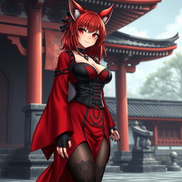 A sexy gothic anime girl, Kitsune, with shoulder-length red hair and fiery red eyes, standing outside a traditional Japanese temple