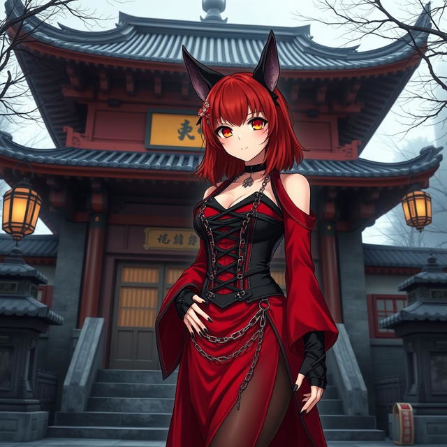 A sexy gothic anime girl, Kitsune, with shoulder-length red hair and fiery red eyes, standing outside a traditional Japanese temple