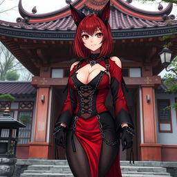 A sexy gothic anime girl, Kitsune, with shoulder-length red hair and fiery red eyes, standing outside a traditional Japanese temple