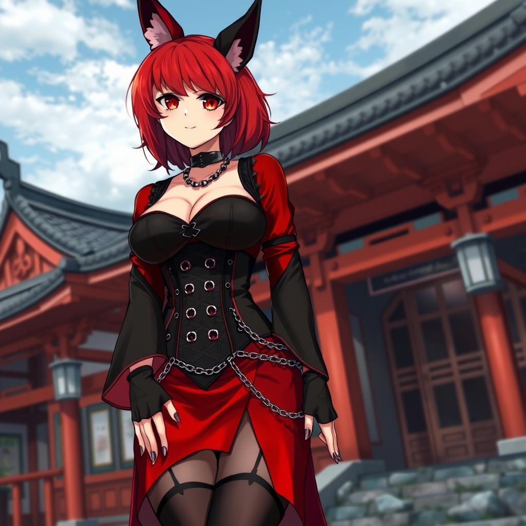 A sexy gothic anime girl, Kitsune, with shoulder-length red hair and fiery red eyes, standing outside a traditional Japanese temple