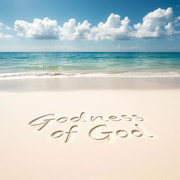 A tranquil beach scene featuring fine white sand stretching under gentle sunlight